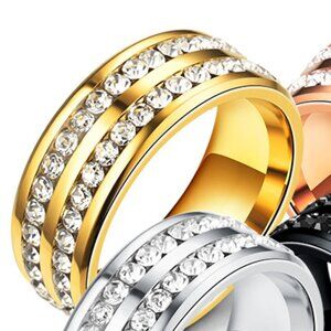 3/$35 Double Row Gold Tone Stainless Steel Band Ring Diamond Zirconia Gemstones